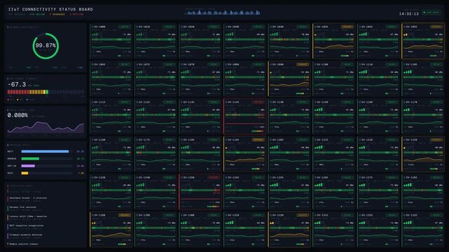 A dark-mode industrial IIoT connectivity status board featuring device connectivity metrics, including signal strength, uptime, and packet loss in a modular layout.

