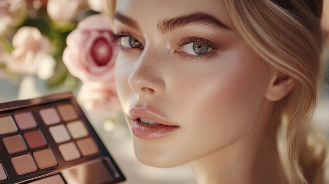 Glamorous Woman with Bold Red Eye Makeup and Lipstick