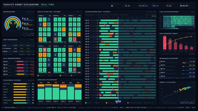 A dark-mode industrial asset utilisation dashboard showcases real-time OEE monitoring across a facility with animated charts and KPIs for optimal performance tracking.