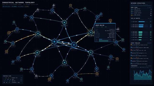 Visualize a live industrial network topology with animated data flow, glowing nodes, and an interactive interface showcasing connections and traffic metrics.