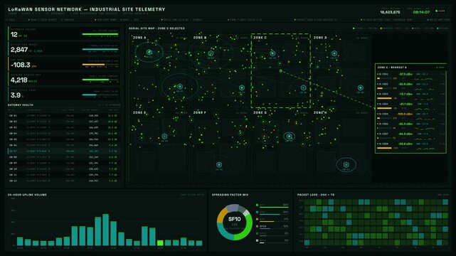 A detailed LoRaWAN sensor network dashboard visualizing a large industrial site with KPIs, aerial map, and analytics in dark mode featuring vibrant color accents.