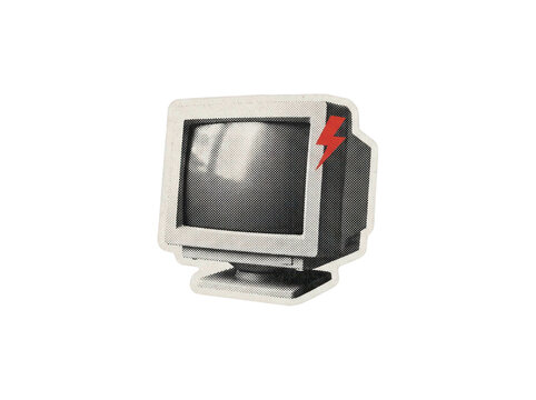 Retro desktop CRT computer monitor illustration with red lightning bolt on transparent background