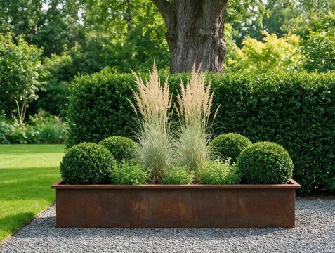 Jardinera met&aacute;lica de estilo industrial con plantas ornamentales y arbustos peque&ntilde;os en un jard&iacute;n bien cuidado. Jardineros con dise&ntilde;o en &aacute;rea verde llena de vegetaci&oacute;n. Jard&iacute;n bot&aacute;nico con macetero