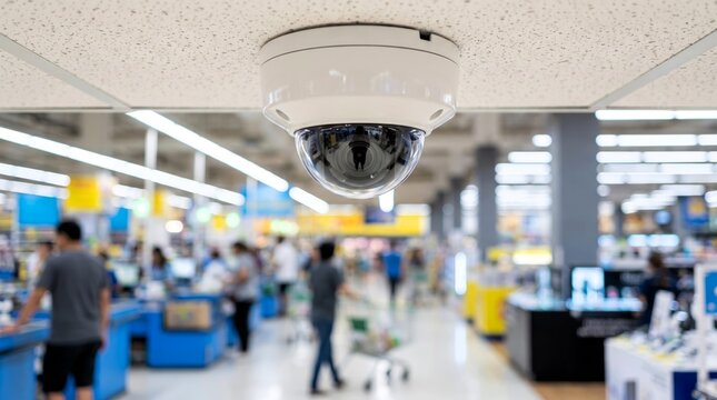 White dome security camera mounted on a textured ceiling capturing wide angle views of retail stores