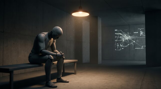 Lonely sad humanoid robot sitting alone under light in futuristic room