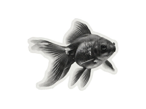 Goldfish halftone graphic sticker cutout with transparent background, black and white retro print style