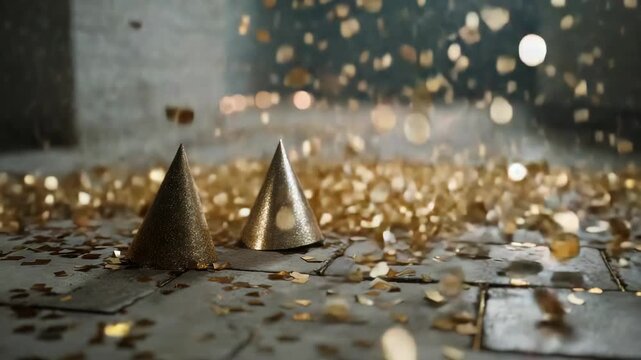 Golden Confetti Falling on Party Hats on Stone Floor, Celebration Mood