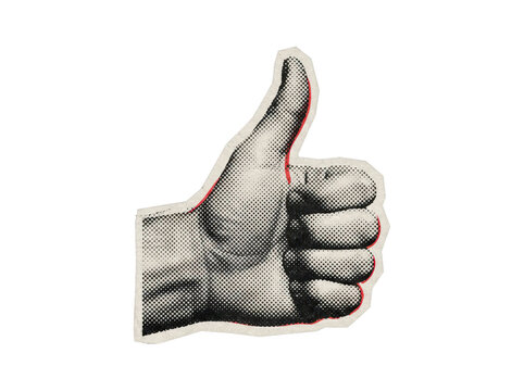Halftone dot printed hand showing thumbs up gesture vintage paper cutout isolated on transparent background