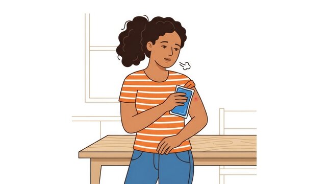 placing a cold compress on a bug bite, quick allergy relief, Latin American character in their 30s medium shot, character from waist up, face clearly