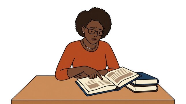 pointing at a specific paragraph in a textbook, supporting learning and academic pressure, Black adult character close-up shot, face and shoulders fil
