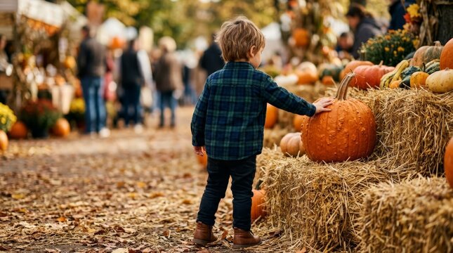 A young child explores a festive pumpkin harvest market display, touching a large orange gourd resting atop stacks of hay bales surrounded by autumn foliage and falling leaves