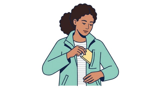 tucking a small pack of tissues into a jacket pocket, spring preparation, team of diverse characters medium shot, character from waist up, face clearl