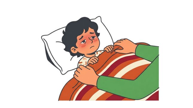 tucking a warm blanket around a small character, providing warmth and safety during a fever, child head Middle Eastern character detail shot