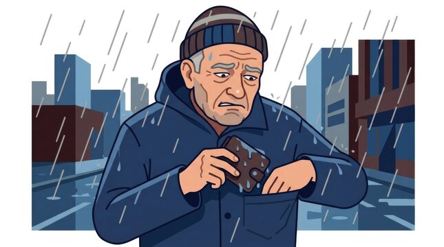 tucking a soaking wet wallet into a dry pocket, city rain disaster, elder Slavic character detail shot, single object or hands with object, ENTIRE obj