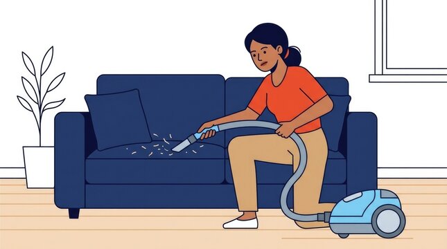 vacuuming pet hair from a navy blue sofa, household allergy management, young adult South Asian character detail shot, single object or hands with obj