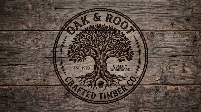 Oak and root crafted timber company wood stamp logo with branding carpentry business craftsmanship furniture