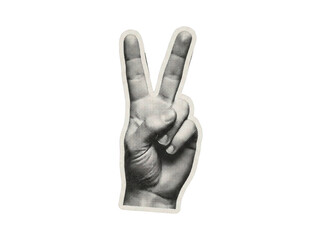 Hand showing victory peace sign in halftone dot print cutout graphic on transparent background