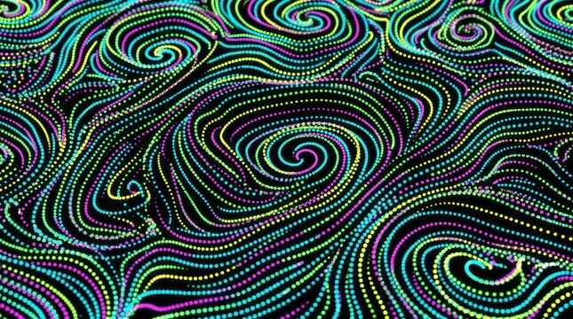Abstract glowing colorful dot pattern forming swirling wave vortices