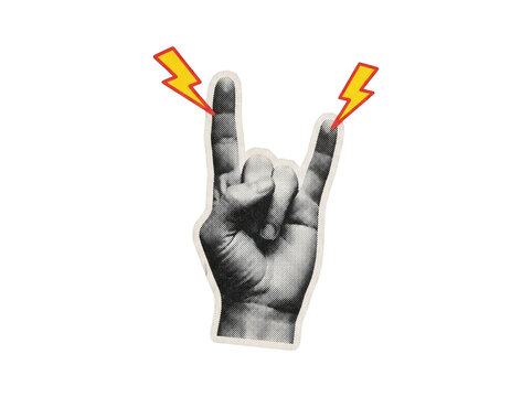 Rock on hand gesture cutout graphic with yellow lightning bolts on a transparent background