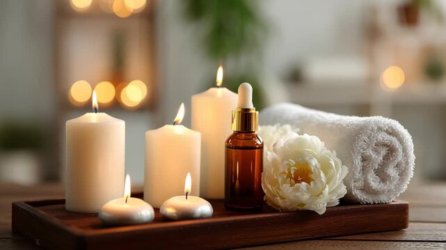 Natural skin care beauty product. Spa setup tray burning candles, essential oil dropper bottle, towel. Salon massage background. Wellness health industry. Bio organic cosmetics. Face body treatment.
