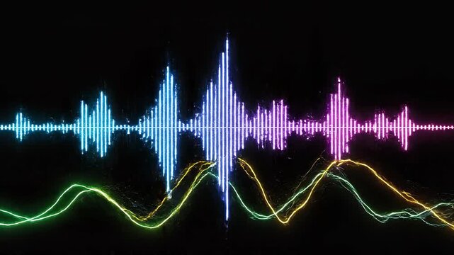 Abstract sound waves pulsating with vibrant neon colors against a dark backdrop in a seamless loop