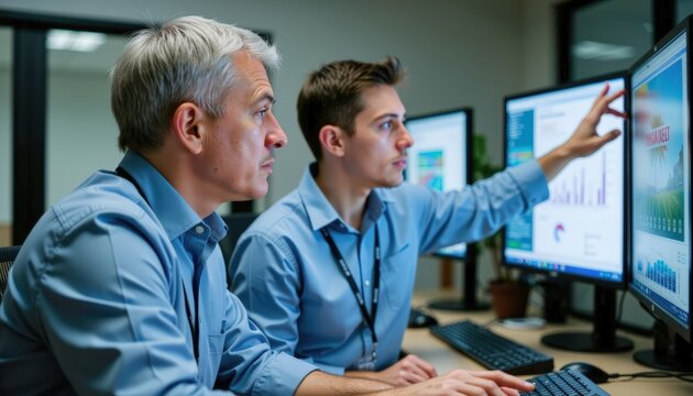 Over the shoulder shot of a gray haired engineer guiding a junior coworker on a computer in a renewable energy control r