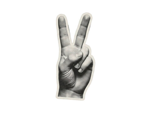 Hand showing victory peace sign in halftone dot print cutout graphic on transparent background