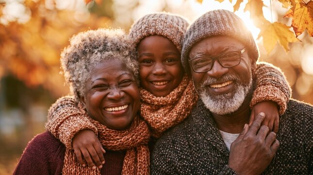 .Close-up portrait of a happy African American senior couple and their cute grandson hugging and smiling at the camera. Cozy multi-generational family enjoying a warm sunny autumn day in the park