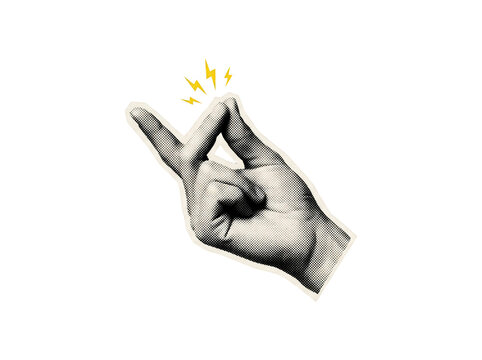 Vintage halftone style illustration of a hand snapping fingers with yellow lightning bolts isolated on a transparent background