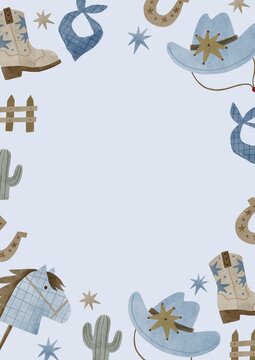 Cute Baby Cowboy accessories set. Western, American country fashion fo little kids. Watercolor illustrations for Baby Shower Cowboy decor. Cute Border