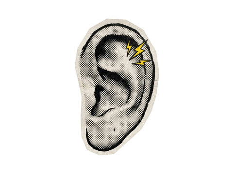 Halftone cutout illustration of a human ear with yellow lightning bolts indicating earache on transparent background
