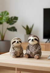 Obraz premium Slow living and mindfulness concept, two cute sloth figurines sitting on a wooden table in a cozy home interior with indoor plants and blurred background