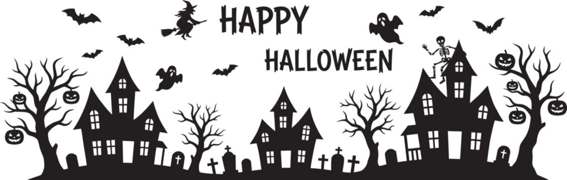 Halloween silhouettes depict spooky houses bats and a witch against a white background