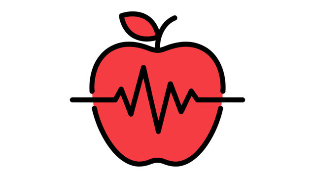 Red Apple silhouette with heartbeat vector illustration representing health, fitness, and nutrition