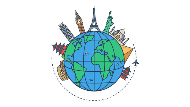 Airplane flying around globe vector illustration representing travel and global transportation