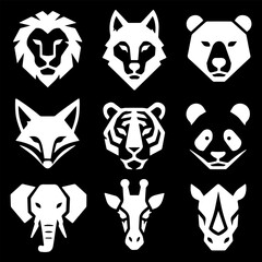 Fototapeta premium Wild animal head logo set, minimal geometric black vector icons of lion, wolf, tiger, bear, and elephant isolated on white background