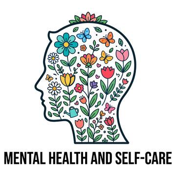 Human head silhouette with flowers vector illustration representing mental health and self-care