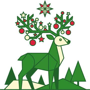 Minimalist Reindeer vector illustration with Christmas tree pattern