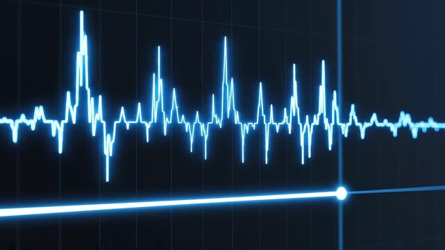Digital audio waveform pulses with blue light on a dark screen during analysis