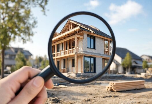 Engineer inspecting new house construction with magnifying glass, checking structural quality, safety, and workmanship during residential building development and professional inspection.