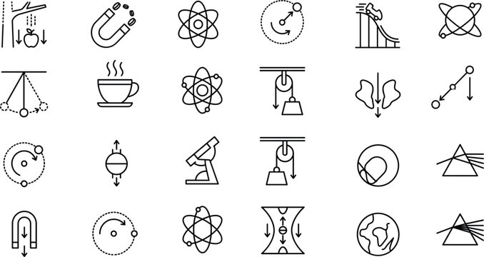 Physics and science line icon set featuring gravity apple magnet atom pendulum prism light refraction microscope and thermodynamics icons on white
