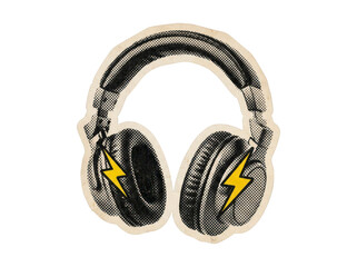 Vintage halftone headphones sticker with yellow lightning bolts on transparent background © creatfive