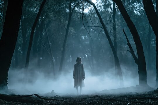 Eerie child in a dirty dress stands alone in a foggy, dark forest at night