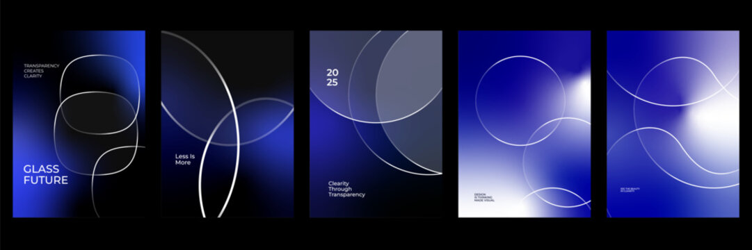 Abstract Blue Glass Poster Set with Glowing Linear Accents, Circular Light Forms and Dimensional Orb Compositions for Modern Flyer and Presentation Design Vector Illustration
