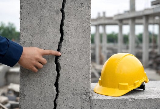 Civil engineer inspecting a deep vertical crack in a reinforced concrete column at a construction site, assessing structural damage, safety risks, stability, and repair needs.