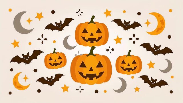 Cute Halloween pumpkins bats and crescent moon festive background flat animation