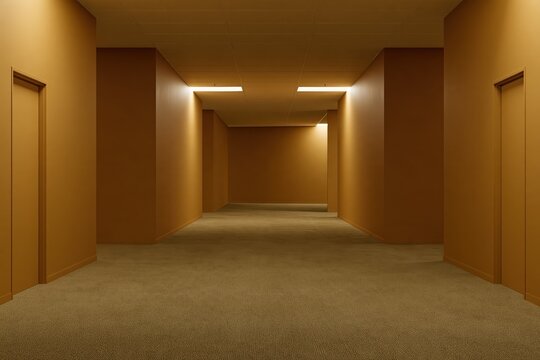 Endless orange hallway with doors and carpet, eerie and unsettling atmosphere