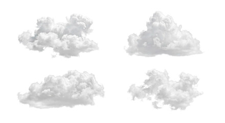 Collection of fluffy white cumulus clouds isolated on a transparent background