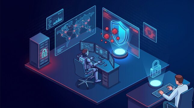Cybersecurity experts monitoring network safety in futuristic data center with network security data protection digital defense internet safety firewall