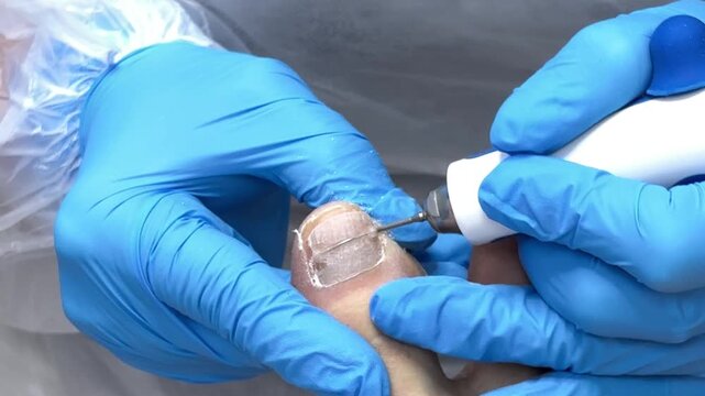 Podiatrist using medical podiatry drill for toenail processing